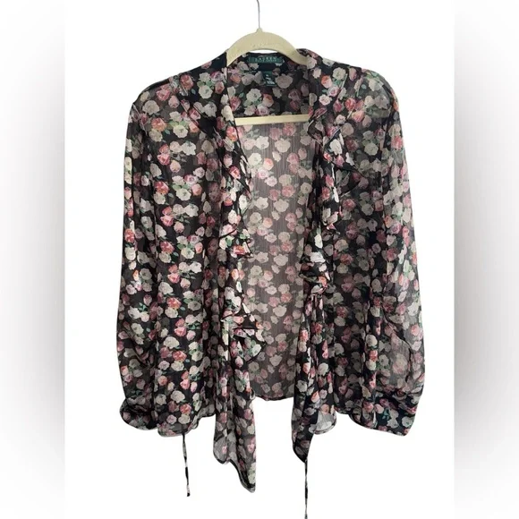 Lauren Ralph Lauren Sheer Floral Ruffle Blouse XL – Romantic Black Rose Print - Picture 2 of 9